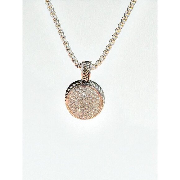 Silver-Tone Pendant Necklace With Rhinestone Pave Round Charm 18" Adjustable Cha - Picture 3 of 8